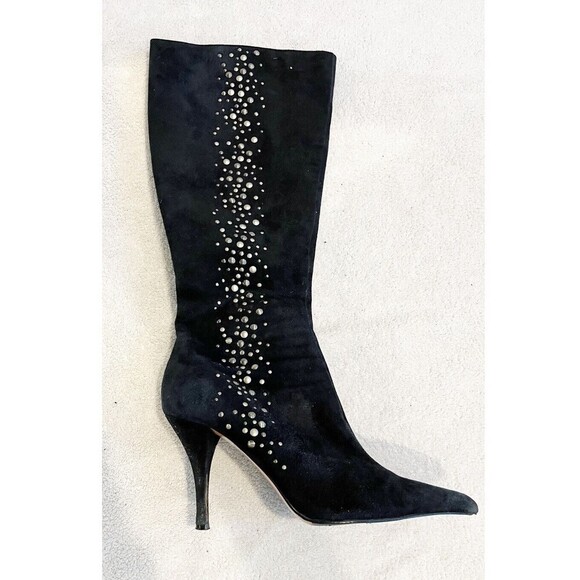 Alfani Women’s Black Tall Boots Heels 6M Vintage Y2K Metal Studded Suede Leather - Picture 7 of 12